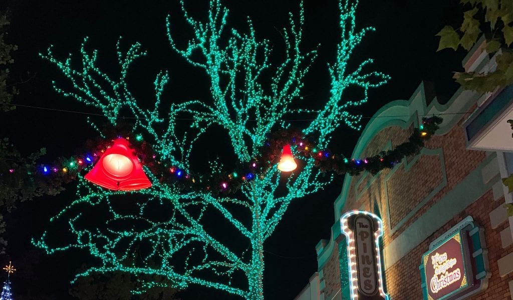 A lighted tree beside the Pines Theatre