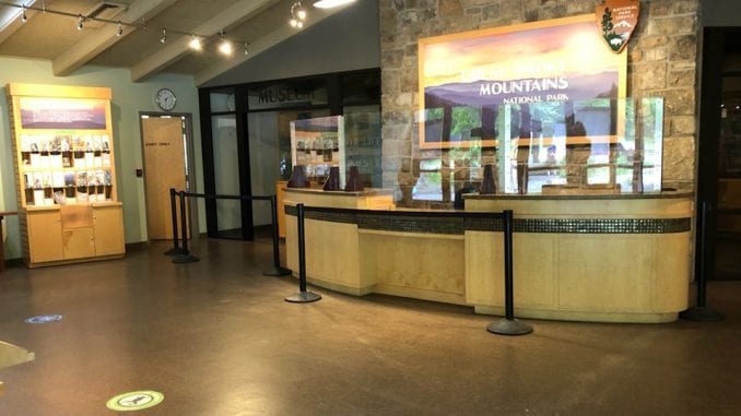 Sugarlands Visitor Center front desk shield Sugarlands Visitor Center is ready to welcome back park-goers on June 8 (photo courtesy of GSMNP)