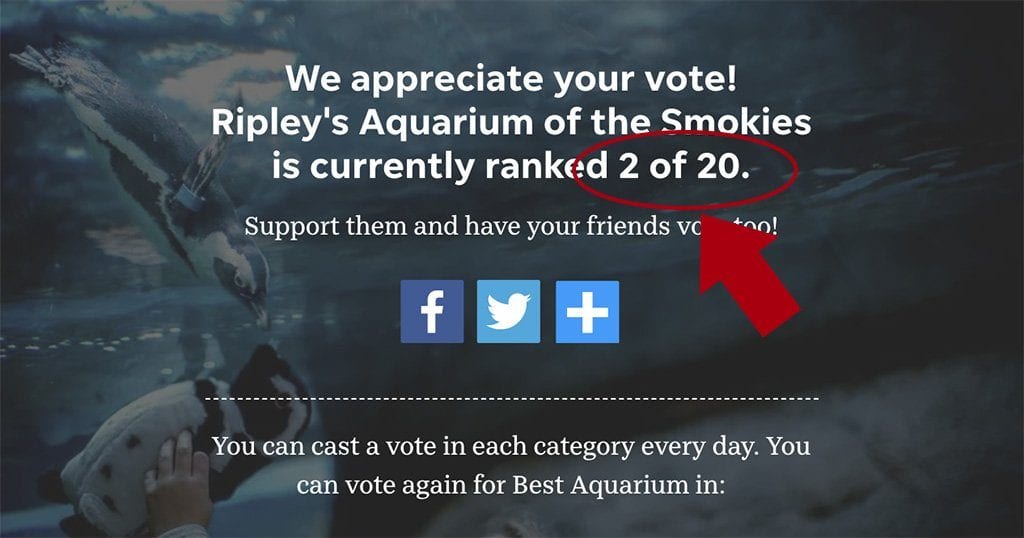 Voting for USA Today's 10Best ends July 6 and Ripley's Aquarium of the Smokies, at the time of this writing, is in 2nd place. (screenshot from USA Today 10Best)