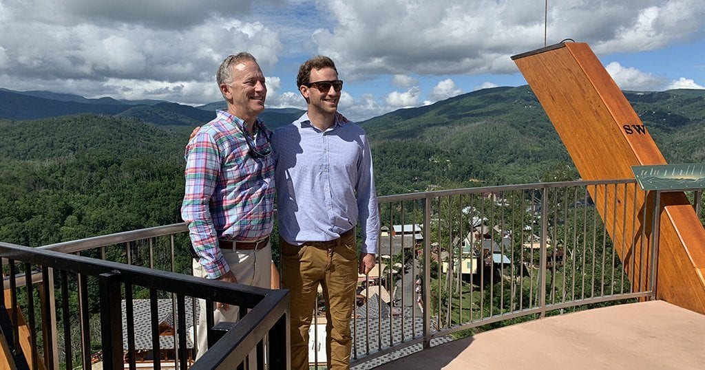Anakeesta Co-Founder and designer Bob Bentz stands with his son Bryce at AnaVista Tower speaks at the grand opening event (photo by Morgan Overholt/TheSmokies.com)