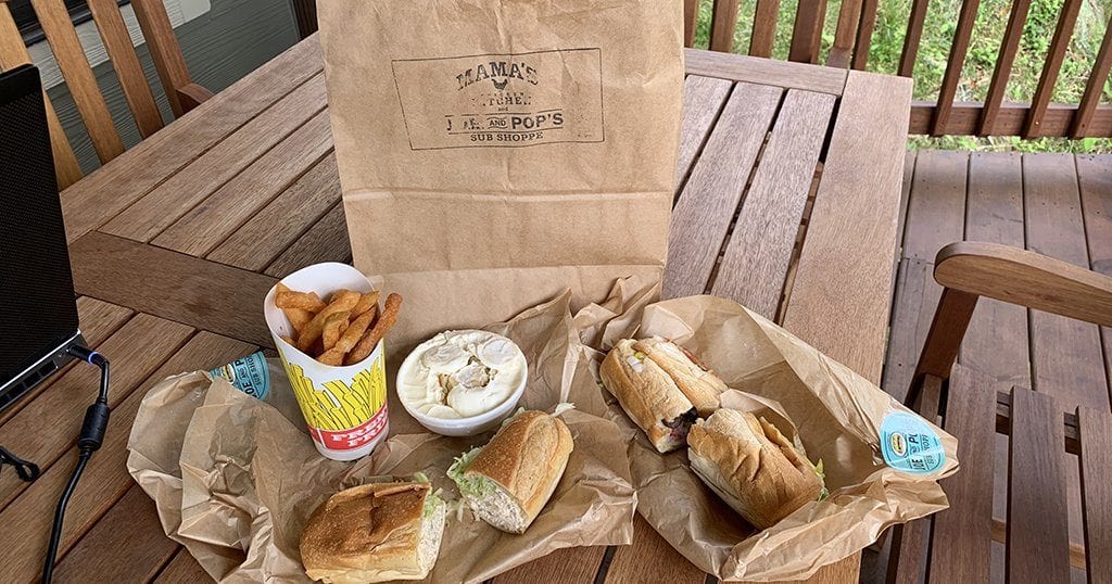 Pictured here: a chicken salad sub, a roast beef italian sub, french fries, chicken and dumplins and an invisible chocolate chip cookie (photo by Morgan Overholt/TheSmokies.com)