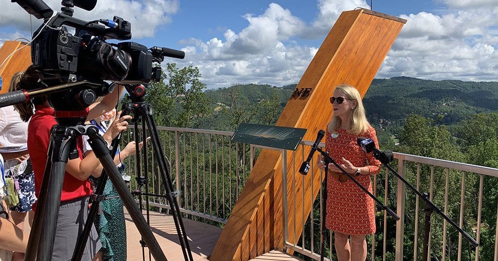 Co-Founder Karen Bentz speaks to the press at AnaVista Towers grand opening (photo by Morgan Overholt/TheSmokies.com)