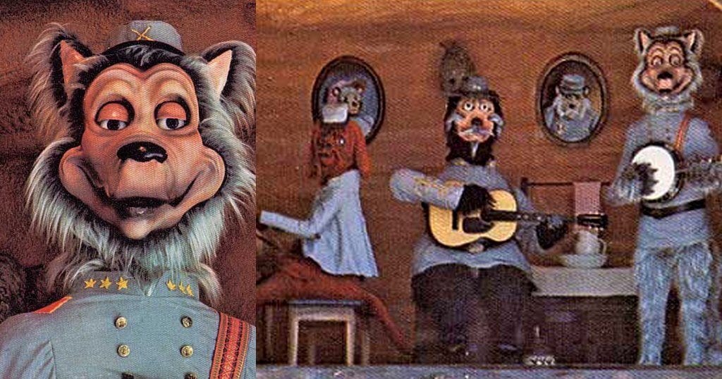 The Confederate Critter Show was an animatronic show featuring a variety of characters dressed up as Confederate officers and singing mountain ballads (archive photo from a late 1970s Magic World Brochure/TheSmokies.com)