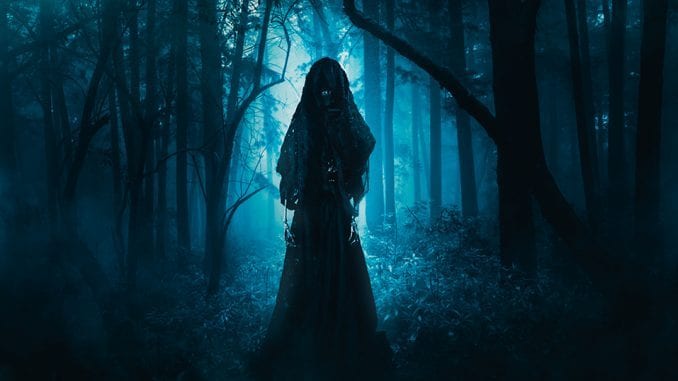 scary ghost lurking in the woods / high contrast image It is said that Spearfinger was a shapeshifter that would earn the trust of children and then eat their livers (stock photo)